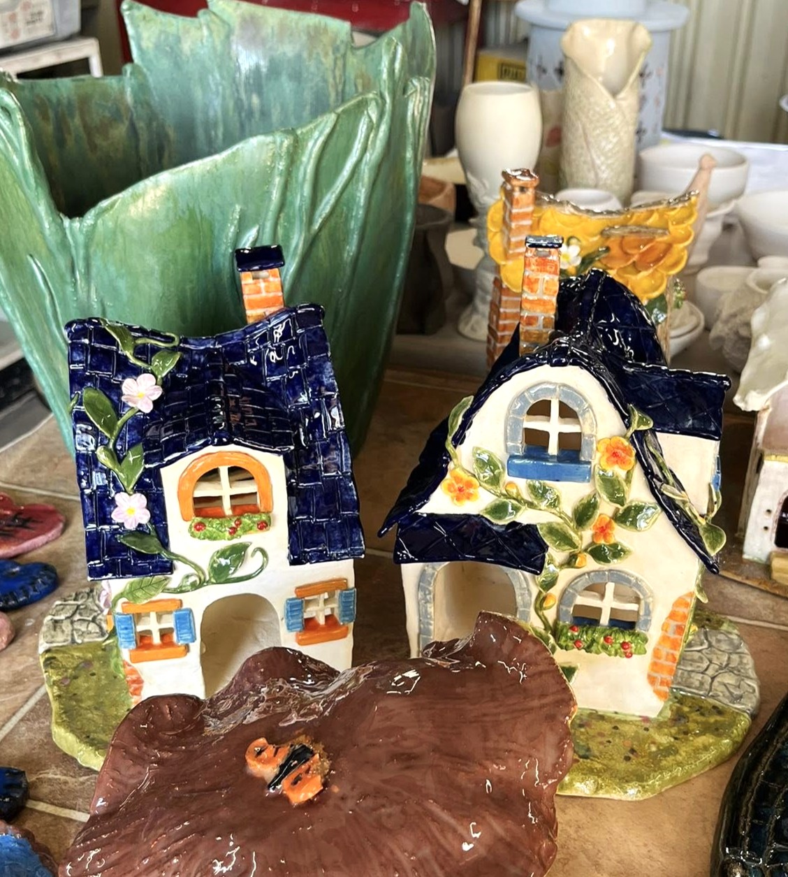 Miniature ceramic houses with intricate detail